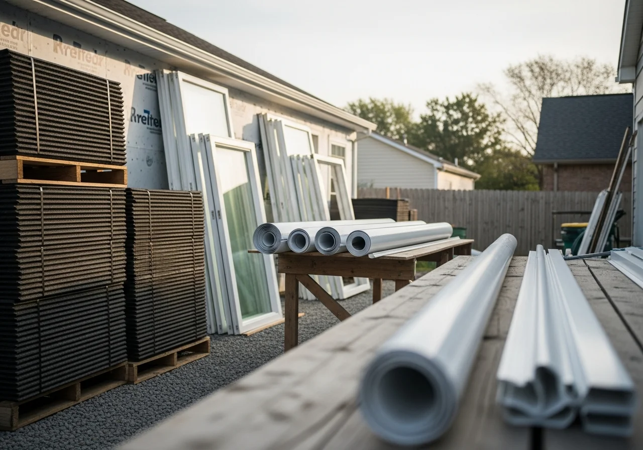Professional remodeling crew with roofing, siding, and window installation tools staged on a residential job site.