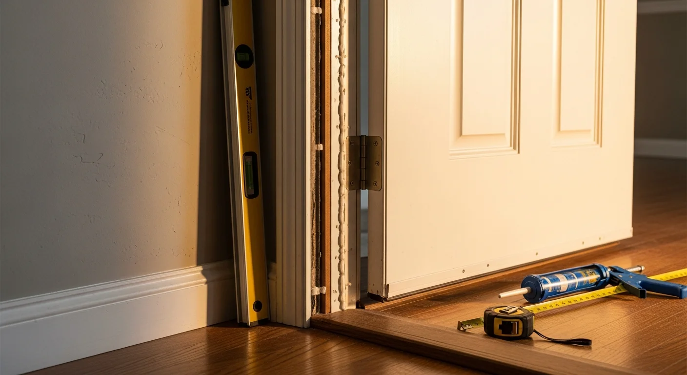 A newly installed exterior entry door on a single-family home in Columbia, Maryland, with a clean frame and tight seal. The door sits flush with the surrounding trim on a residential street typical of Columbia's planned community villages.
