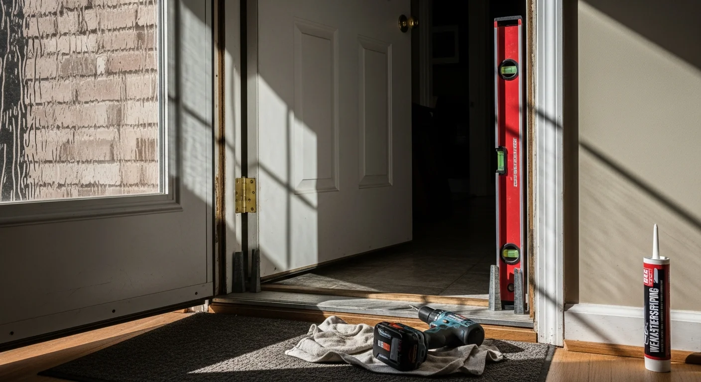 A repaired exterior entry door on a single-family home in Columbia, Maryland, showing a flush fit within a solid wood frame with new hardware installed. Close-up view highlights the tight weatherstripping seal along the door edge after professional repair by NLHD Remodeling.