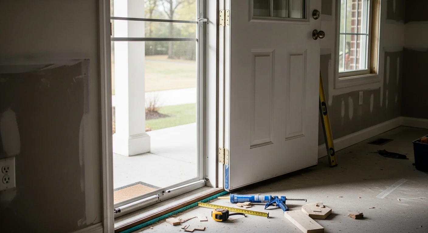 A newly installed exterior entry door on a single-family home in Columbia, Maryland, showing a clean frame, tight weatherstripping, and finished threshold. The surrounding siding and trim are intact, reflecting a complete door replacement on a residential property.