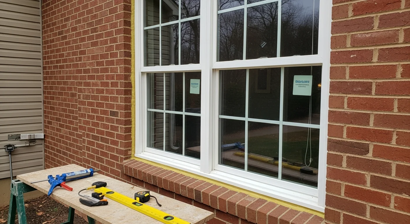 A newly installed double-hung window on the front facade of a single-family home in Columbia, Maryland, with both sashes visible and clean exterior trim. Close view shows the tilt-in sash mechanism and tight frame seal against a brick exterior typical of Howard County residential construction.