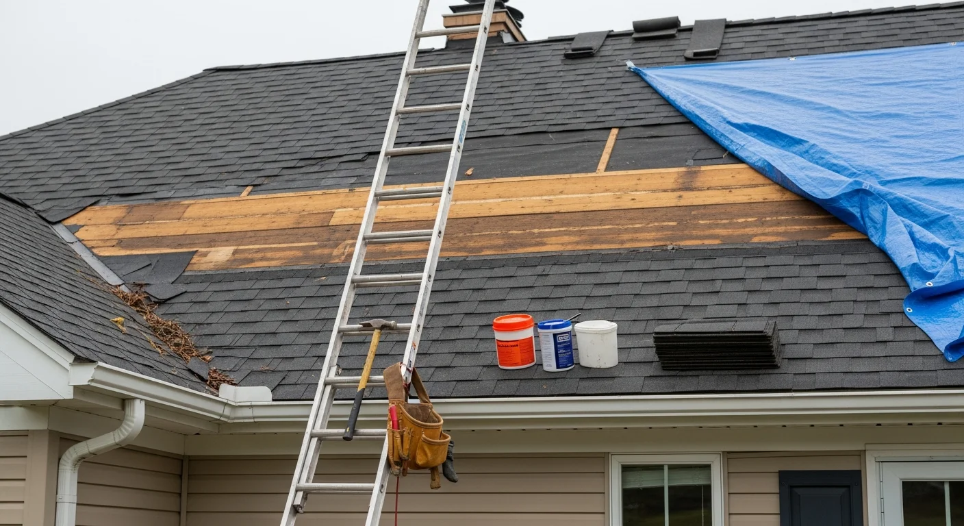 A roofing contractor from NLHD Remodeling repairing storm-damaged shingles on a residential home in Columbia, Maryland. The image shows exposed roof decking being secured after wind damage on a multi-plane roofline typical of Columbia's older village neighborhoods.