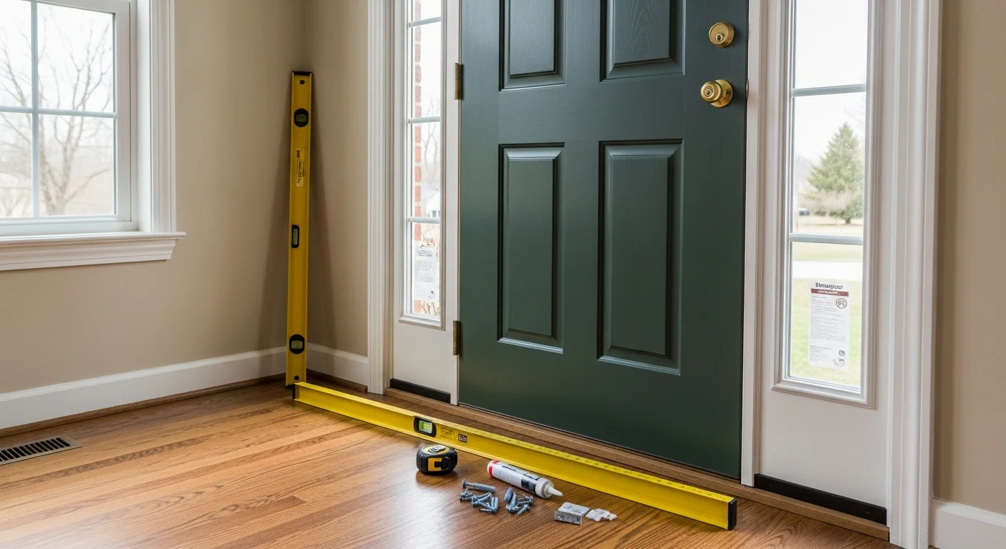 A newly installed entry door on a single-family home in Columbia, Maryland, with clean trim lines and a tight frame fit. The front entry shows fresh weatherstripping and a solid door replacement suited to the home's exterior style.