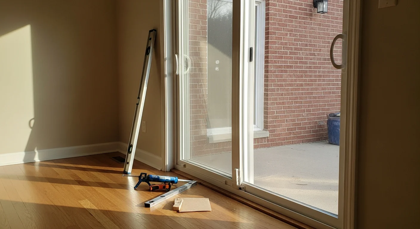 A newly installed sliding patio door on the rear of a colonial-style home in Columbia, Maryland, showing a clean frame, clear glass panels, and a finished threshold seal leading to a backyard deck. The door is fully closed with visible hardware and weather stripping along the frame edges.