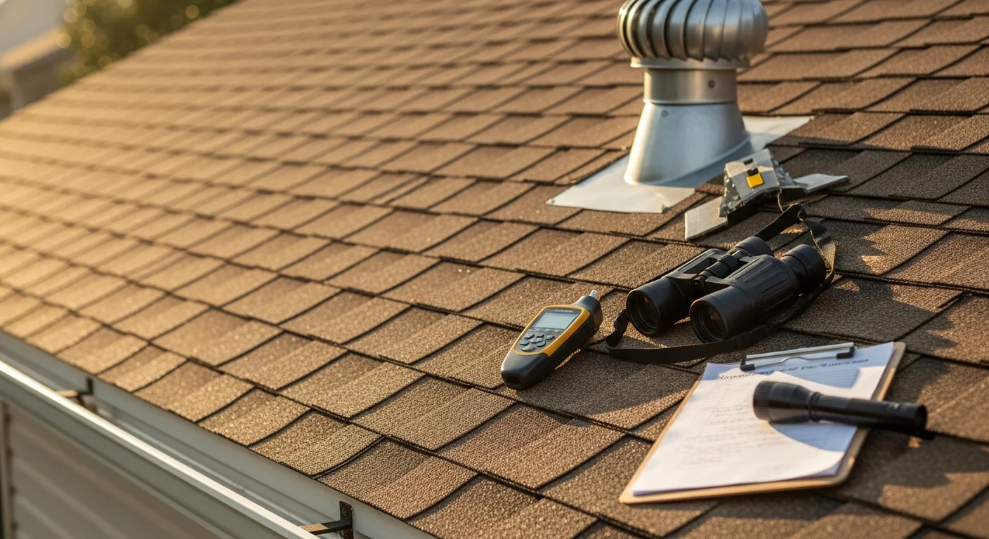 A roofing contractor from NLHD Remodeling inspecting shingles and flashing on a residential roof in Columbia, Maryland. Close-up view shows the inspector examining the area around a chimney for signs of wear and water damage.