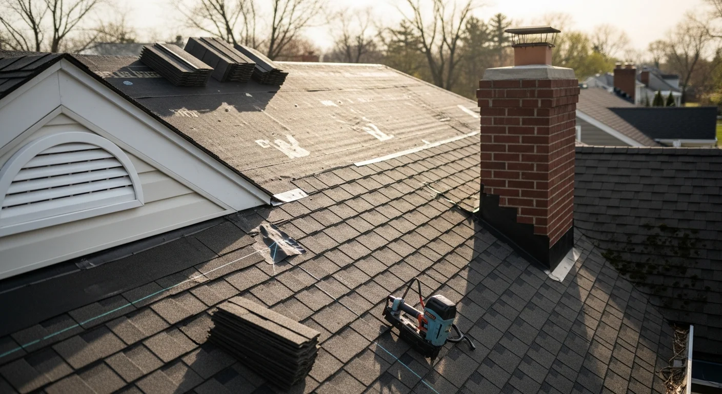 A newly installed roof on a residential home in Columbia, Maryland, showing clean roofing material, finished ridge line, and properly sealed flashing around a chimney. The surrounding Howard County tree line is visible in the background.