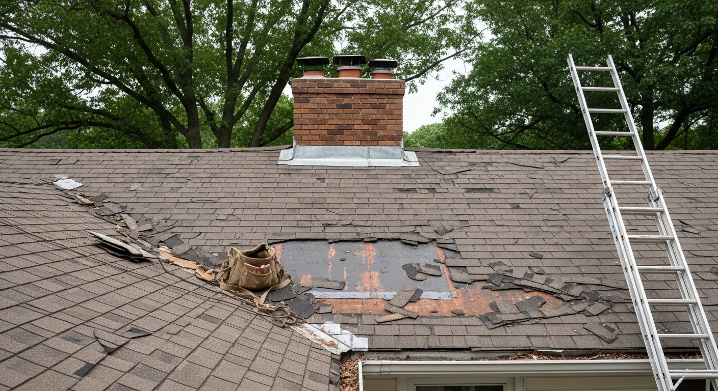 A roofing contractor repairing damaged shingles and flashing on a colonial-style home in Columbia, Maryland. Close-up view shows worn shingle edges and a repaired flashing seam along a roof valley.