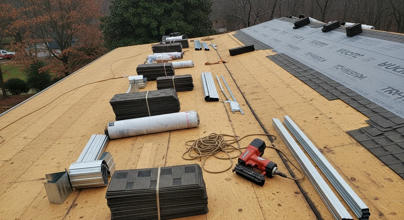 A newly completed roof replacement on a two-story residential home in Columbia, Maryland, showing clean roofline, uniform shingles, and finished ridge against a partly cloudy sky. Howard County suburban neighborhood visible in the background.