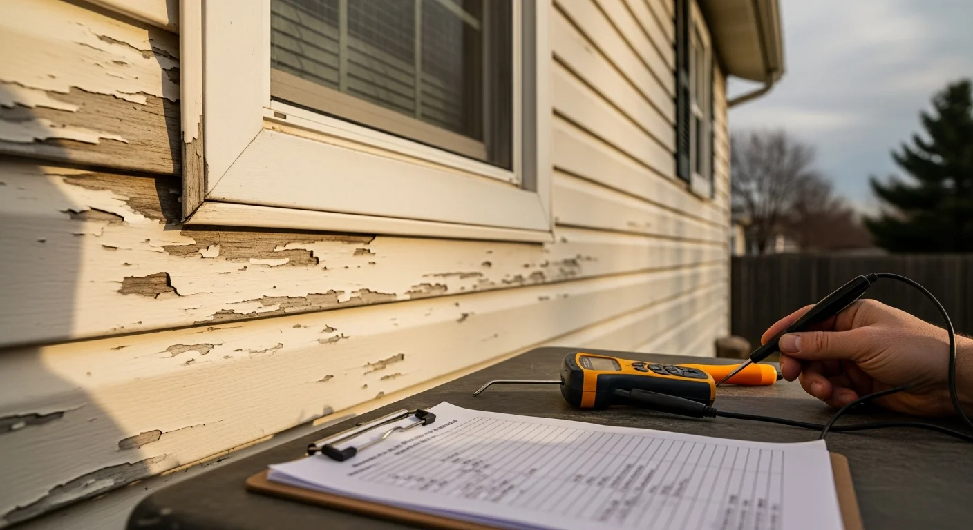 A siding contractor inspecting the exterior panels of an aging two-story home in Columbia, Maryland, checking corner trim and panel seams for moisture damage and warping. Close-up view shows a gloved hand probing a soft spot near a window frame on a wood-sided colonial-style house.