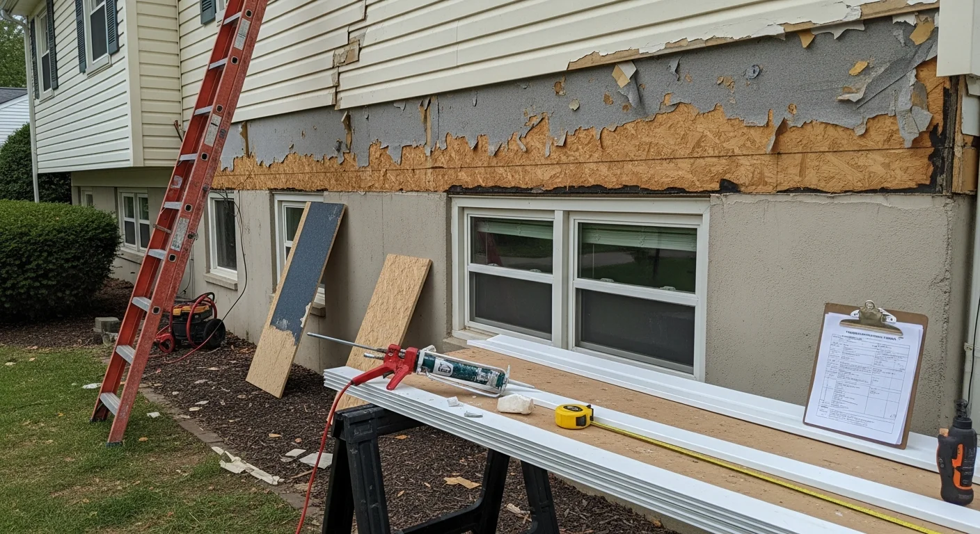 A Columbia, Maryland home exterior showing freshly repaired siding panels with tight seams and no visible warping or gaps. The repaired section blends with the surrounding original siding on a single-family residential property.