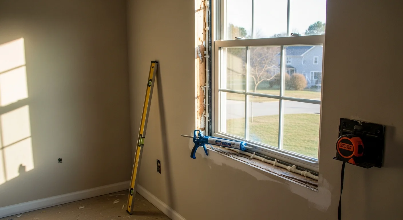 A newly installed sliding window on the exterior of a single-family home in Columbia, Maryland, with a clean white frame, smooth horizontal track, and a clear view of a residential yard. The window sits flush in a freshly sealed opening with no visible gaps along the frame edges.