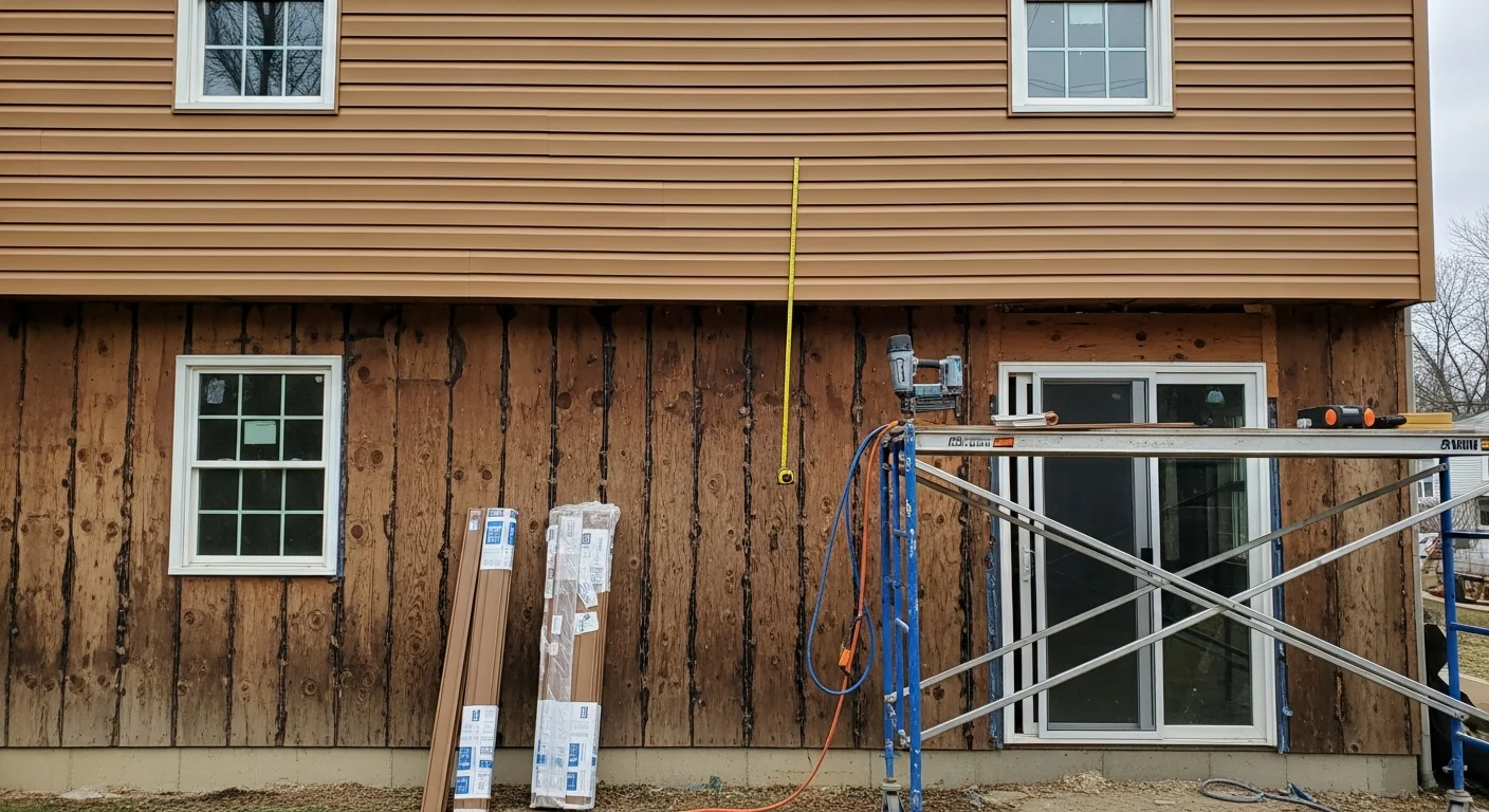 Freshly installed vinyl siding panels on a two-story colonial home in Columbia, Maryland, showing clean horizontal lines and tight seams along the front exterior wall. The completed installation replaces aging original siding on a residential property in Howard County.