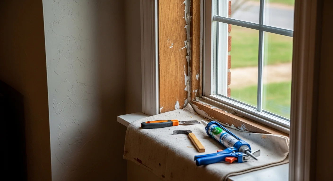 A repaired double-hung window on a brick colonial-style home in Columbia, Maryland, showing a clean frame and clear glass with no visible damage. A contractor from NLHD Remodeling inspects the finished sill from outside the home.
