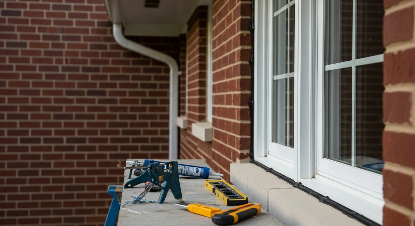 A Columbia, Maryland single-family home with newly installed replacement windows featuring clean frames and unobstructed glass. A member of the NLHD Remodeling crew completes the exterior trim seal on a double-hung window unit.